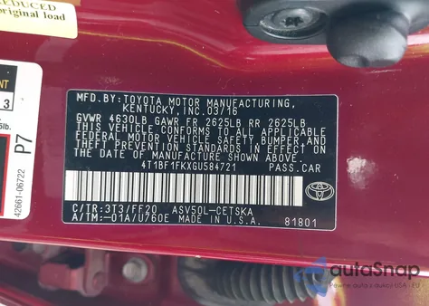 2016 Toyota Camry Se z USA, uszkodzony, nr VIN 4T1BF1FKXGU584721
